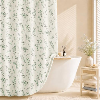 Green Floral Farmhouse Shower Curtain, Vintage Botanical Bathroom Curtain, Rustic Country Wildflower Bath Decor Linen Texture Waterproof Fabric Curtains, Sage Green Floral Bath Curtain 72 x 72 Inch