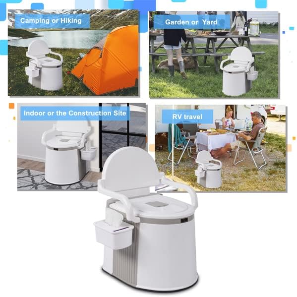 Portable Camping Toilet with 5-Gallon Removable Bucket, Off White | Anti-Slip Base, Side Handrails, Tissue Paper Holder, Water-Free Cleaning, 52.5x42.5x66cm