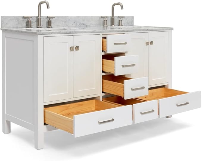 ARIEL Cambridge 60-inch Bathroom Vanity with Sink,Solid Wood, 0.75-inch Italian Carrara Marble Countertop, Double Rectangular Porcelain Sink, 4 Soft Closing Doors, 6 Dovetail Drawers, White
