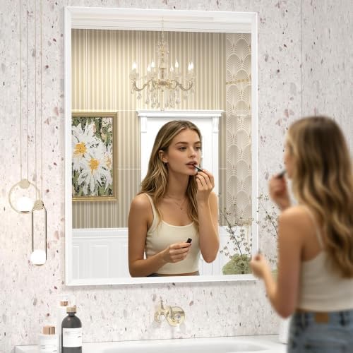 White Framed Bathroom Mirror 28x32, White Vanity Mirrors for Wall