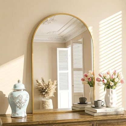 Antok Arched Bathroom Mirror, 24"x36" Wall Mounted Mirror, Vanity Mirrors for Over Sink, Aluminum Alloy Frame Bathroom Mirrors Living Room, Bedroom and Entryway, Gold