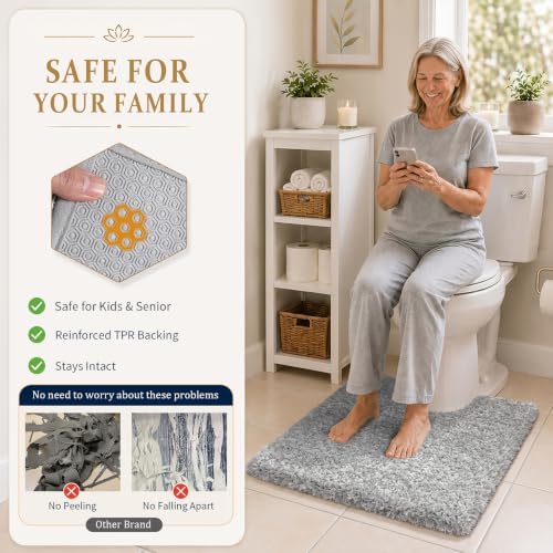 Yimobra Fluffy Toilet Rugs U Shaped, Shaggy Soft Comfortable Non Slip, Water Absorbent Microfiber Bath Mat, Dries Quickly, Machine Washable Thick Bathroom Floor Rugs, 24"x 20", Light Gray and White