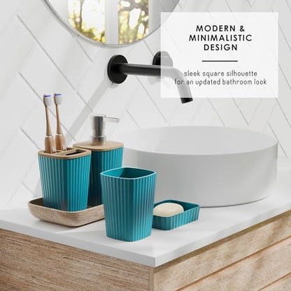 Clara Clark Bathroom Set - Teal Bathroom Accessories Set, 6PC Bathroom Accessory Set, Bathroom Sets with Bathroom Rugs, Adhesive Corner Shower Caddy Hanging, Toilet Brush, Trash Can & Soap Dispenser