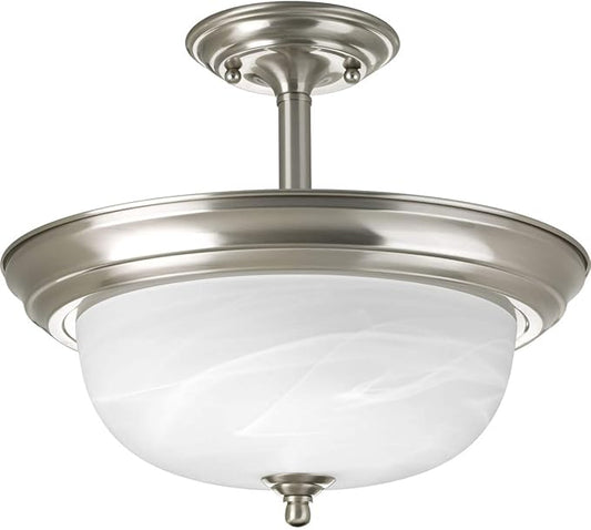 Progress Lighting 2-Light Ceiling Light, Semi-Flush Mount or Hanging Ceiling Light Fixture for Interior Kitchen Lights or Hallway, 13-3/16" by 11-5/16", Brushed Nickel, Alabaster Glass Shade