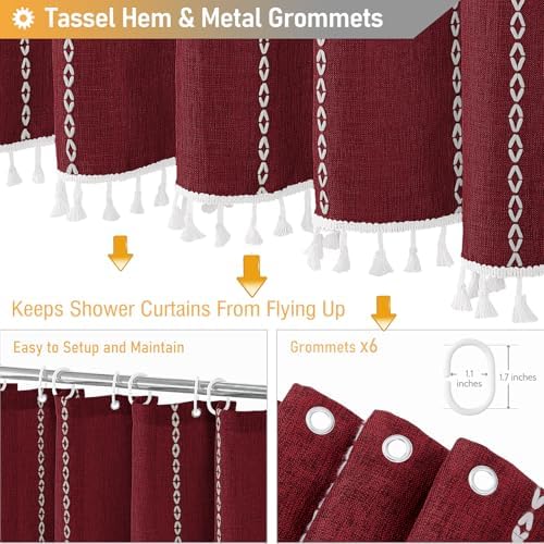 BTTN Small Boho Linen Heavy Duty Cloth Shower Curtain, 36x72, Burgundy