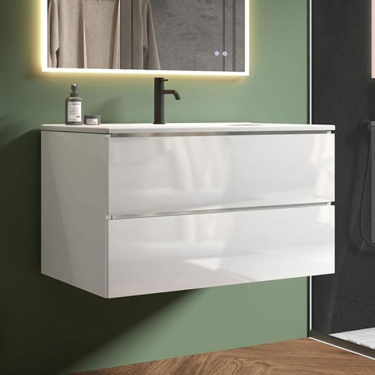 36" Bathroom Vanity with Sink, Modern Floating Vanity with Double Soft-Closing Drawers, Large Storage for Small Space, Glossy White, Fully Assembled - Iris Collection