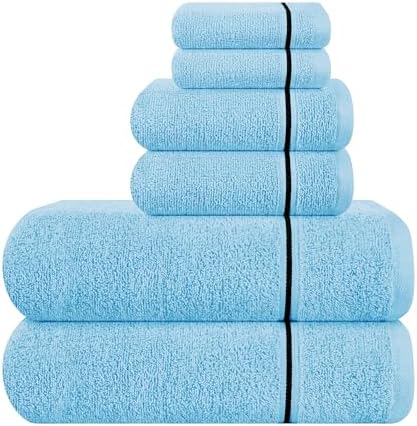 MyOwn Ultra Soft 6 Pack Cotton Towel Set, Contains 2 Bath Towels 28x55 inch, 2 Hand Towels 16x24 inch & 2 Wash Coths 12x12 inch, Ideal Everyday use, Compact & Lightweight - Sky Blue