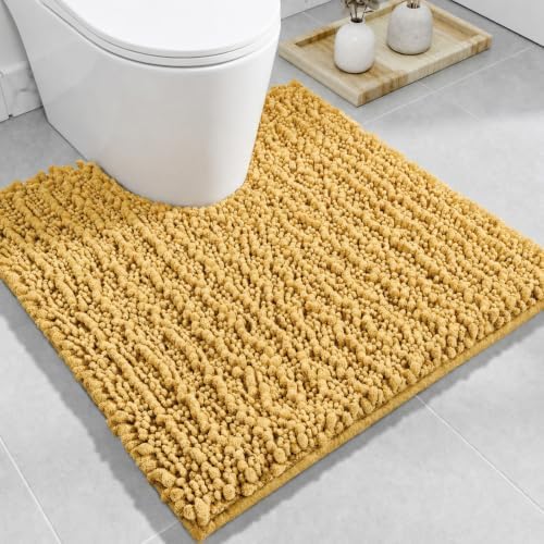 Disolla Toilet Rug 24x24 Inch - Yellow U-Shaped Bathroom Floor Mat, Soft Shaggy Plush Absorbent Chenille Contour Rug, Non-Slip Washable Pedestal Base Rug