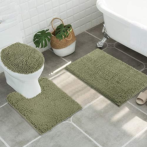 ITSOFT Standard 3pc Non-Slip Shaggy Bathroom Mat Set, Includes 24"x21" Inches U-Shaped Contour Toilet Rug, 34"x21" Inches Bathmat and 1 Toilet Lid Cover, Sage Green