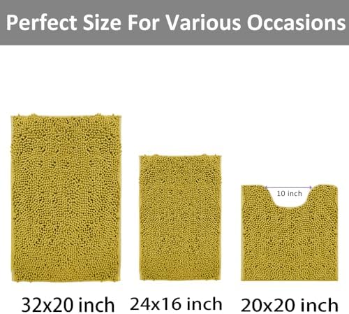 RUN HELIX Bathroom Rugs Sets 3pcs Extra Soft Chenille Mats Non Slip Bath Mat,Absorbent Shaggy Perfect Plush with U-Shaped Toilet Rug,Bathroom Carpets , Golden Yellow, 16〞x24〞&20〞x32〞&20〞x20〞U Shape