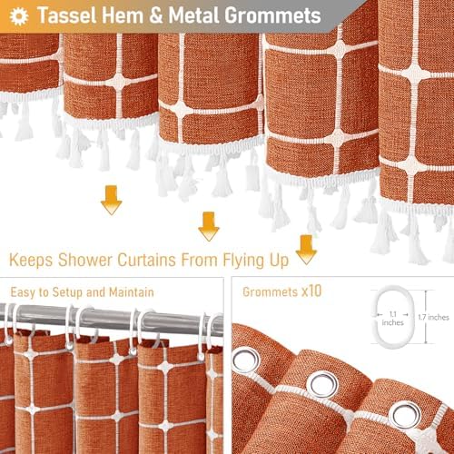 BTTN 60x72 Boho Farmhouse Linen Heavy Duty Shower Curtain Set, Burnt Orange