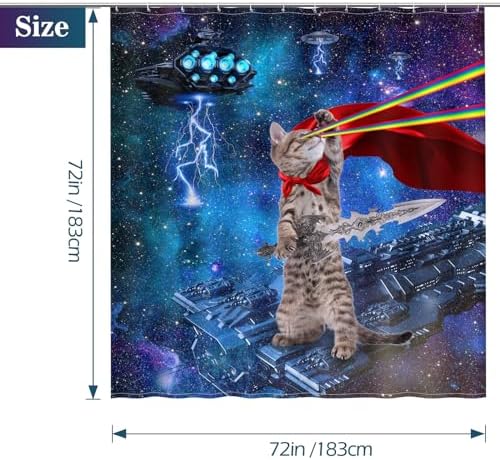 Aimego Funny Cat Shower Curtains for Bathroom - Cool Cute Cat on Fantasy Outer Space Galaxy Universe UFO Fun Shower Curtain Set with 12 Hooks for Adults Kids Bathroom Decor Accessories, 72"x72"