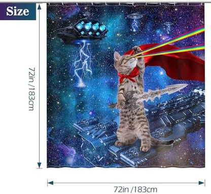 Aimego Funny Cat Shower Curtains for Bathroom - Cool Cute Cat on Fantasy Outer Space Galaxy Universe UFO Fun Shower Curtain Set with 12 Hooks for Adults Kids Bathroom Decor Accessories, 72"x72"