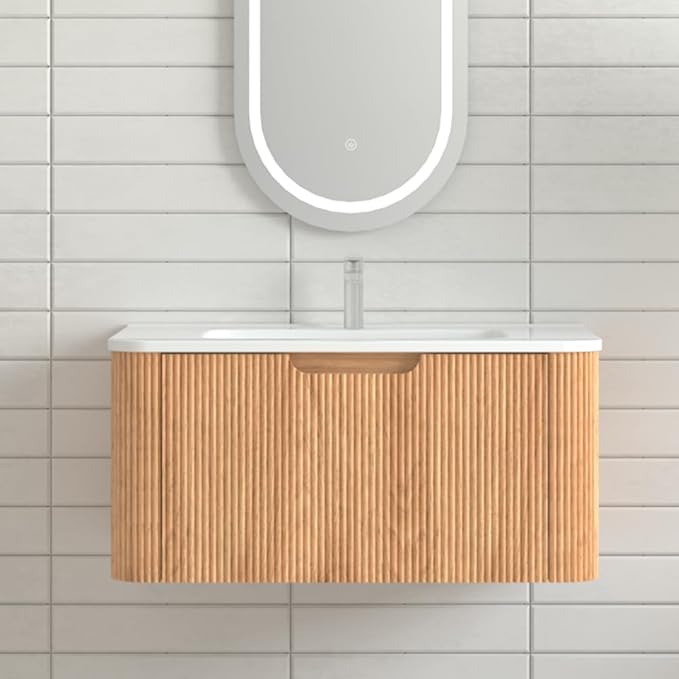30'' Floating Bathroom Vanity with Sink, Wall Mounted Modern Bathroom Cabinet W/Curved Edges Stripes, Oak & Plywood, Pre-Assembled with Integrated Ceramic Basin – Havana, Natural Oak