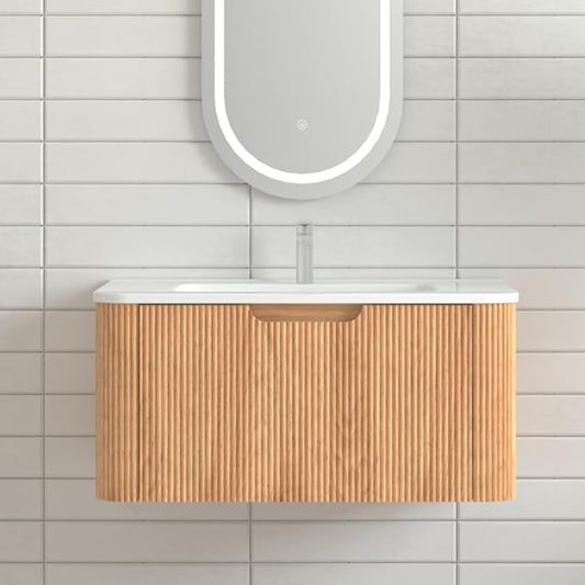 30'' Floating Bathroom Vanity with Sink, Wall Mounted Modern Bathroom Cabinet W/Curved Edges Stripes, Oak & Plywood, Pre-Assembled with Integrated Ceramic Basin – Havana, Natural Oak