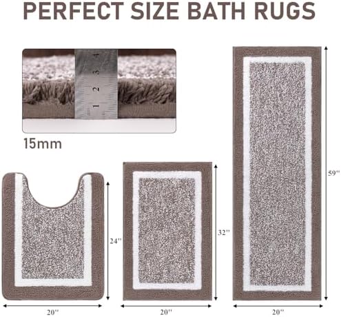 Pauwer Bathroom Rug Sets 3 Piece, Non Slip Washable Bath Mat, Coffee