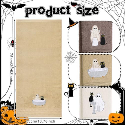 FuWeave 3 Pcs Brown Halloween Ghost Cat Hand Towels for Bathroom