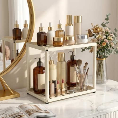 2 Tier Bathroom Counter Organizer, Rectangular Vanity Organizer Shelf, Skincare and Makeup Countertop Storage Rack for Kitchen, Bathroom, Bedroom Beige