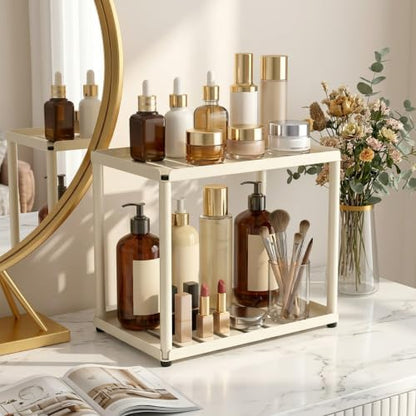 2 Tier Bathroom Counter Organizer, Rectangular Vanity Organizer Shelf, Skincare and Makeup Countertop Storage Rack for Kitchen, Bathroom, Bedroom Beige