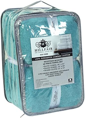HILLFAIR Premium 100% Combed Cotton 12 Piece Bath Towels Set - Sea Green