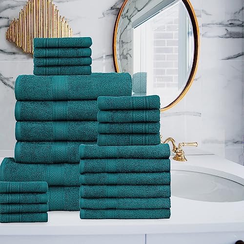 HILLFAIR 100% Cotton 24 Piece Bath Towels Set for Bathroom - Teal