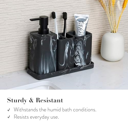 ZCCZ Bathroom Accessory Sets, 4 Pieces Bathroom Accessories Complete Set Vanity Countertop Accessory Set, Includes Lotion Dispenser Soap Pump, Tumbler, Toothbrush Holder and Tray (Black Marble Look)