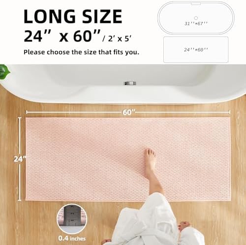 TYUU Bathroom Runner Rug, Long Bath Mat Washable Thin Quick Dry Low Pile Bathroom Runner Rugs 24 x 60 Non Slip, Pink 24"x60"