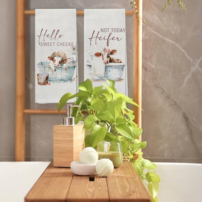 Hello Sweet Cheeks Cow Bathroom Hand Towels, Funny Farmhouse Animal Heifer Bathing Decorative Hand Towels for Bathroom Washroom Toilet Restroom, 16x24 Inch Set of 2