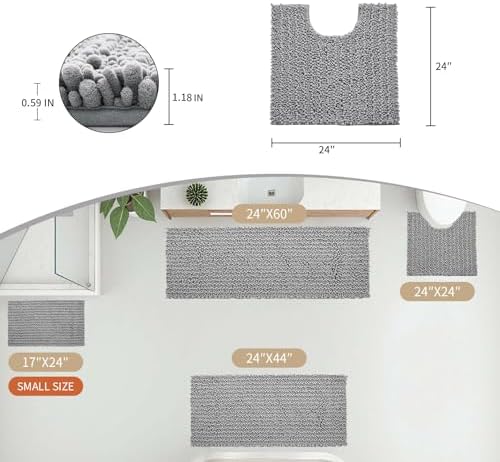 Disolla Toilet Rug 24x24 Inch - Grey U-Shaped Bathroom Floor Mat, Soft Shaggy Plush Absorbent Chenille Contour Rug, Non-Slip Washable Pedestal Base Rug