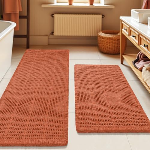 Upgrade Waffle Bath Mat Set 2 Piece, Boho Bathroom Rugs Absorbent Non Slip, Ultra Soft Bathroom Mat, Machine Washable Knit Bath Rugs with Herringbones for Bathroom,Bedroom, Shower, Tub, Burnt Orange