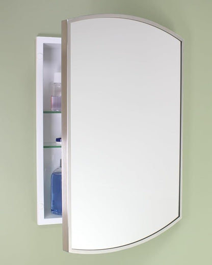 Fox Hollow Furnishings 16x20 Harper Crescent Metal Framed Rectangle Recessed Bathroom Medicine Cabinet, Arced Mirror, 14x18 in-Wall Opening, Adjustable Glass Shelves, Magnet Close, Brushed Nickel