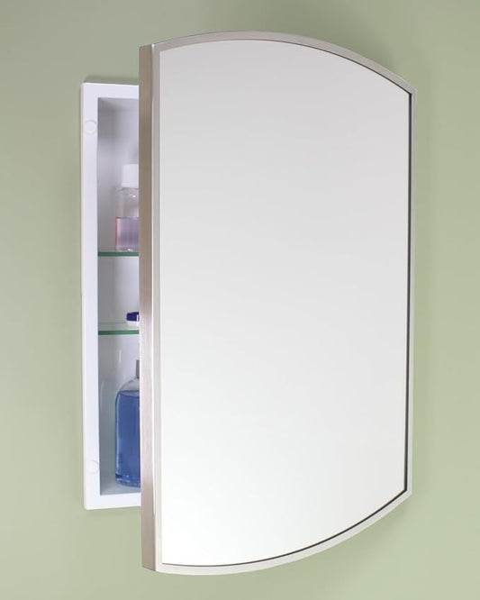 Fox Hollow Furnishings 16x20 Harper Crescent Metal Framed Rectangle Recessed Bathroom Medicine Cabinet, Arced Mirror, 14x18 in-Wall Opening, Adjustable Glass Shelves, Magnet Close, Brushed Nickel