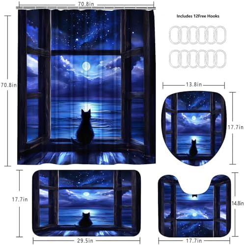 Yddsky 4Pcs Night Cat Bathroom Shower Curtain Sets for Bathtub,72x72 Inch