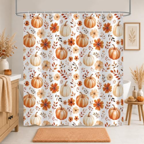 Fall Pumpkin Shower Curtain, Floral Autumn Bathroom Decor, 72 x 72