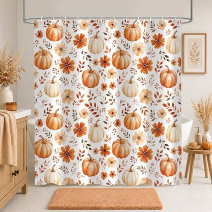Fall Pumpkin Shower Curtain, Floral Autumn Bathroom Decor, 72 x 72
