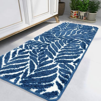 Blue Bathroom Runner Rug - Blue Long Bath Mat Runner Large Leaf Bath Rugs Non Slip Washable Bath Rug for Bathroom Floor, Cute Restroom Rug, Plant Absorbent Bathmat Botanical Decor 24" x 60"