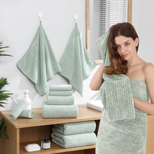 Ycosy 18 Piece Bath Towels Set,100% Microfiber Family Bathroom Towel with Hanging Loops-6 Bath Towels,6 Hand Towels,6 Washcloths,Quick Dry Highly Absorbent Shower Towel for Bathroom,Hotel,Spa-Green