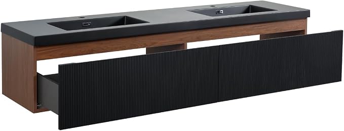 72 Inch Floating Bathroom Vanity with Double Sinks, Wall Mounted Striped Storage Cabinet, Soft Close Drawer, Black Quartz Sand Basin, Fully Assembled, Smoked Walnut Finish