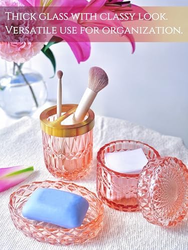 LaMarriti 5pcs Pink Bathroom Accessory Set, Clear Glass Bathroom Set, Soap Dispenser and Toothbrush Holder Set, Soap Dish, Tumbler, Qtips Holder for Crystal Modern Bathroom Decor, Set