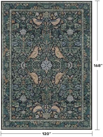 Large Washable Floral 10x14 Area Rug for Living Room - Boho Soft Rugs for Bedroom, Low Pile Carpet for Dining Room, Vintage Bird Blue and Green Indoor Décor, Non-Slip Stain & Fade Resistant