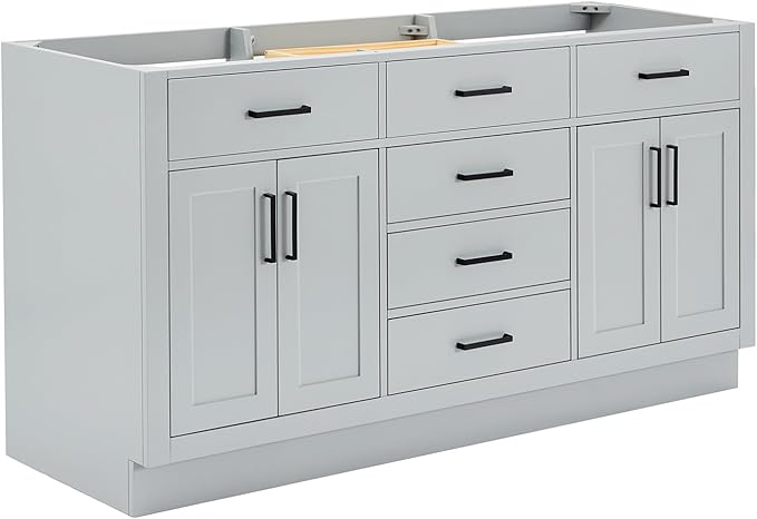 ARIEL Hepburn 66-inch Bathroom Vanity Base Cabinet,Solid Wood, 4 Soft Closing Doors, 6 Dovetail Drawers, Grey