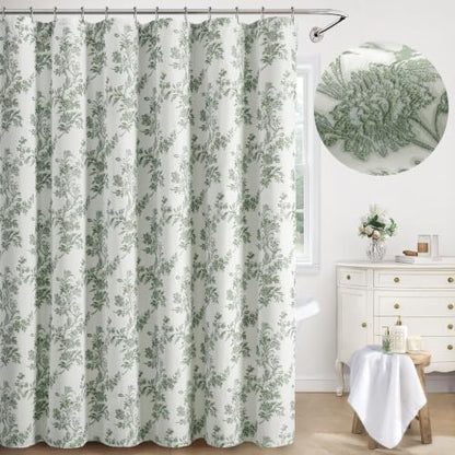 Sage Green Floral Shower Curtain,Jacquard Weave Vintage Cotton Cottagecore Shower Curtains for Bathroom, 72" W x 72" L