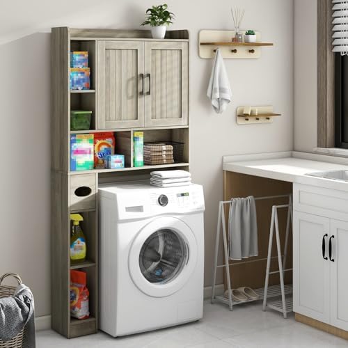 Vabches Farmhouse Over The Toilet Storage Cabinet with Barn Door, Gray Oak