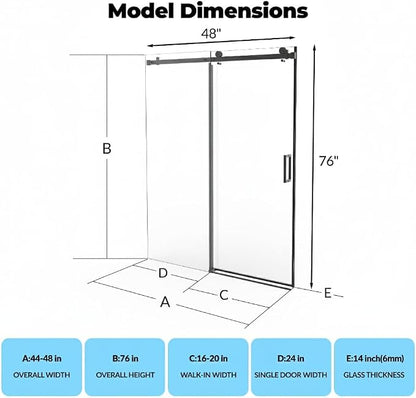 44-48" W x 76" H Frameless Sliding Shower Door, 1/4" (6mm) Tempered Glass with Explosion-Proof Film, Matte Black Stainless Steel Track & 55mm Rollers, Bypass Bathroom Door