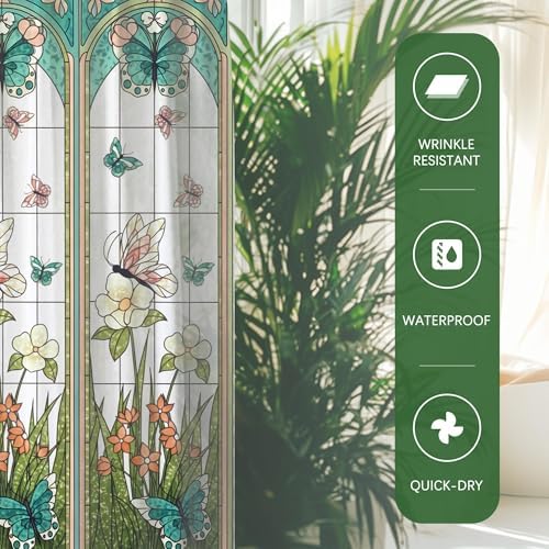 Stained Glass Vintage Floral Butterfly Shower Curtain 72x72 Inches