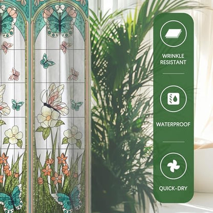Stained Glass Vintage Floral Butterfly Shower Curtain 72x72 Inches