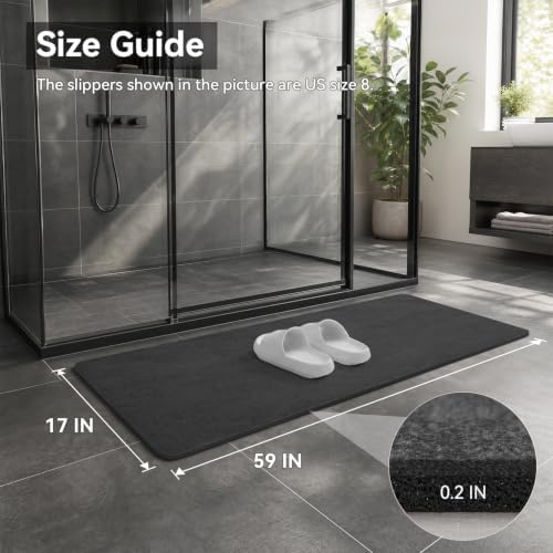 MontVoo -Bath Mat Rug-Rubber Backing Non Slip Quick Dry Absorbent Thin Bathroom Rugs Fit Under Door-Faux Suede Surface Bathroom Floor Mats-Shower Rug for in Front of Bathtub Shower Dark Grey 17"x59"