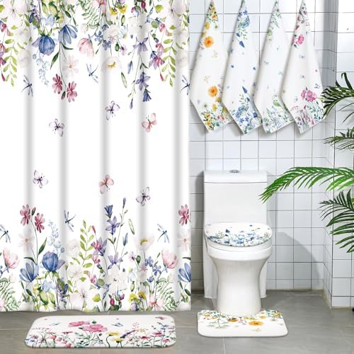 Honoson 8 Pcs Floral Shower Curtain Set with Rugs and Towels