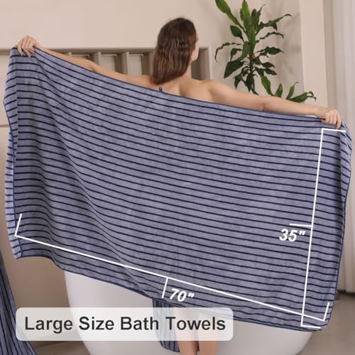 4 Piece Navy Cabana Stripe Large Bath Towels Oversized Bath Sheet Super Soft Breathable Jumbo Bathroom Towels Highly Absorbent Shower Towel Quick Dry Beach Chair Towel Spa Gym Hotel Towel Set