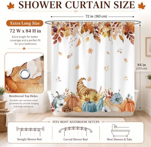 Harvest Pumpkin Shower Curtain, 72 x 84 Inch Watercolor Fall Bathroom Curtain with Autumn Leaves, Cornucopia and Blue Pumpkin Design, Farmhouse Bath Decor